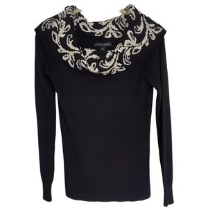 White House Black Market Wool Blend On Off Shoulder Jacquard Black Sweater XS